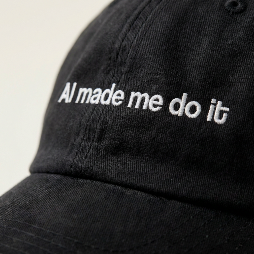 Close-up of the AI made me do it embroidery in white thread on a washed black cotton cap
