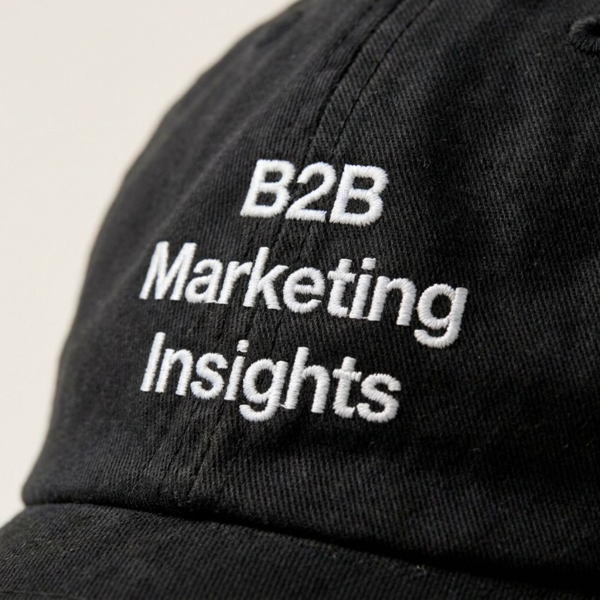 Close-up of the B2B Marketing Insights embroidery in white thread on washed black cotton