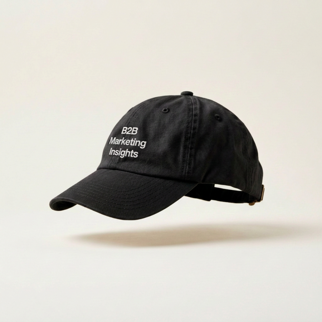 B2B Marketing Insights embroidered black six-panel cap on a plain white studio background