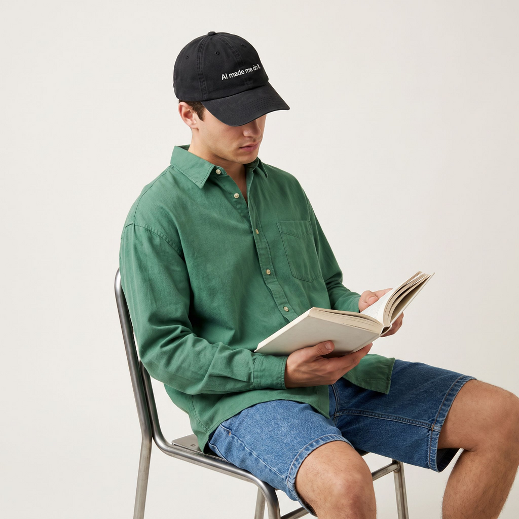 Man in a green overshirt reading a book while wearing the AI Made Me Do It cap