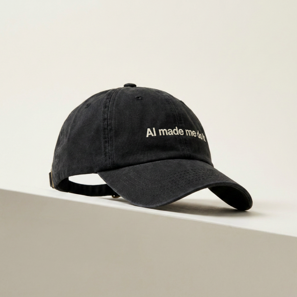 AI Made Me Do It black dad cap resting on a cream concrete ledge in daylight
