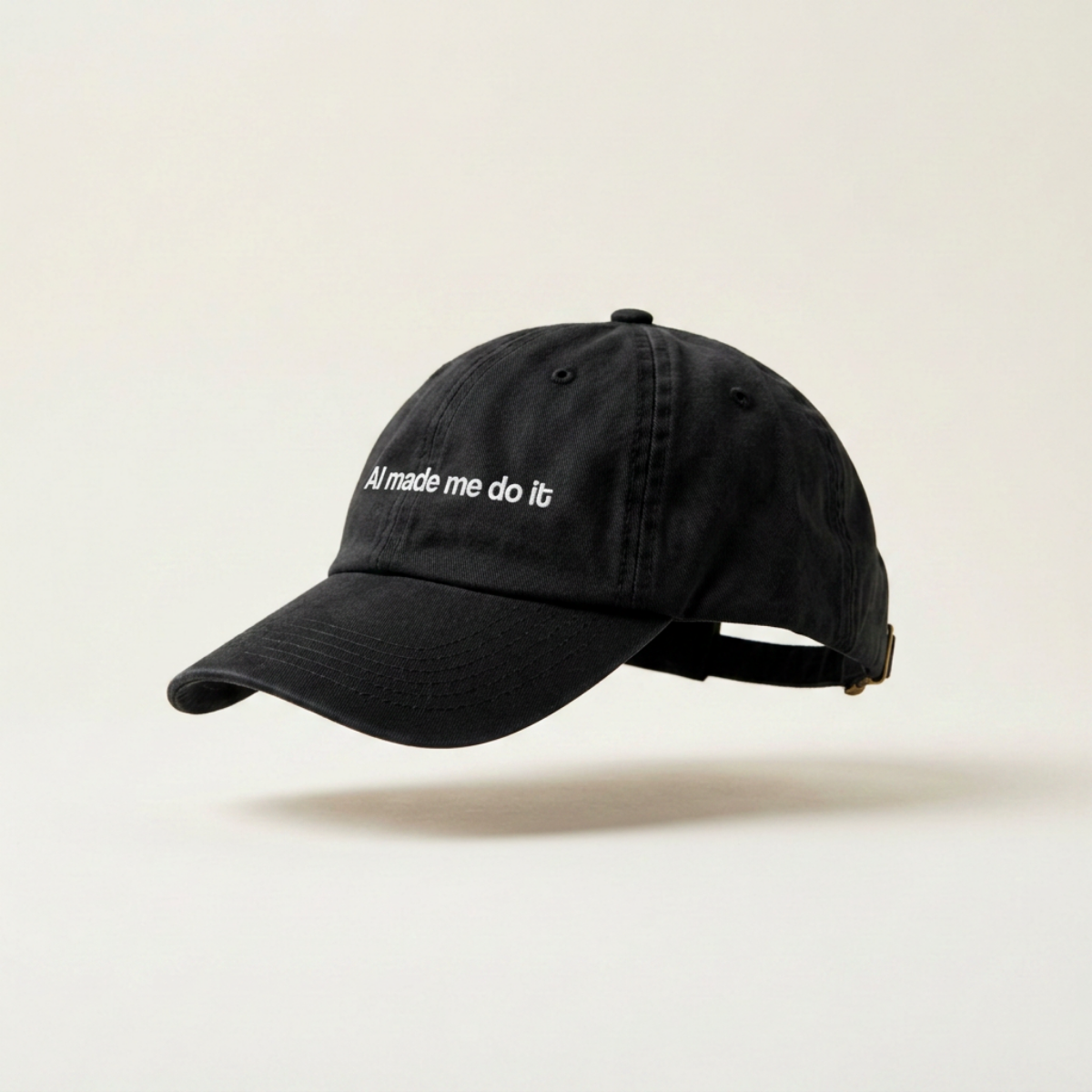 AI Made Me Do It embroidered black six-panel cap on a plain white studio background