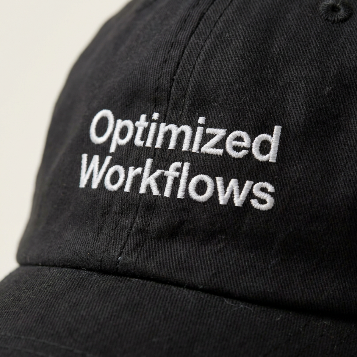Close-up of the Optimized Workflows embroidery in white thread on washed black cotton