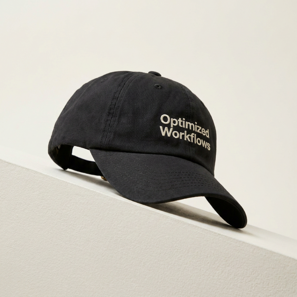 Optimized Workflows black cap resting on a cream concrete ledge in daylight