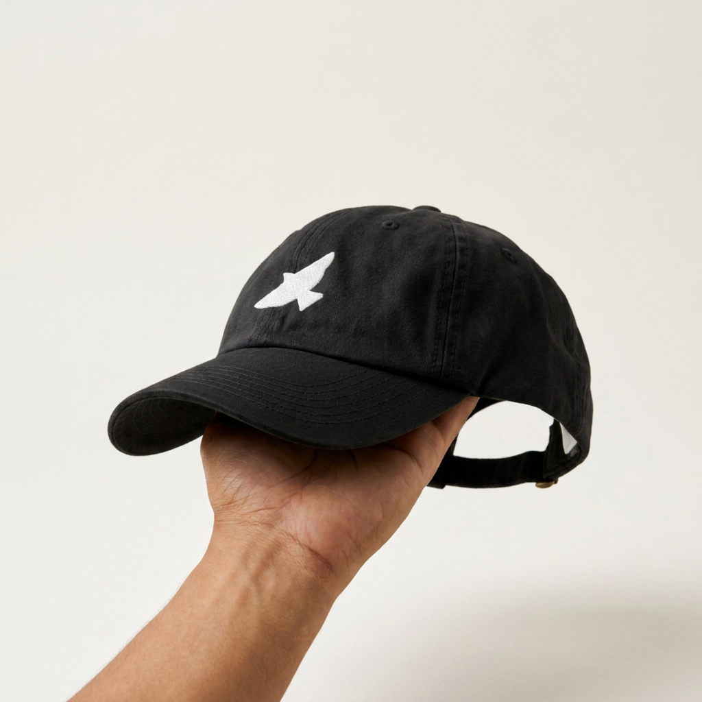 Hand holding the Free as a Bird cap, white bird embroidery on black cotton