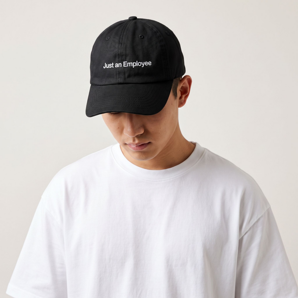 Model in a white tee wearing the Just an Employee black cap, head tilted down