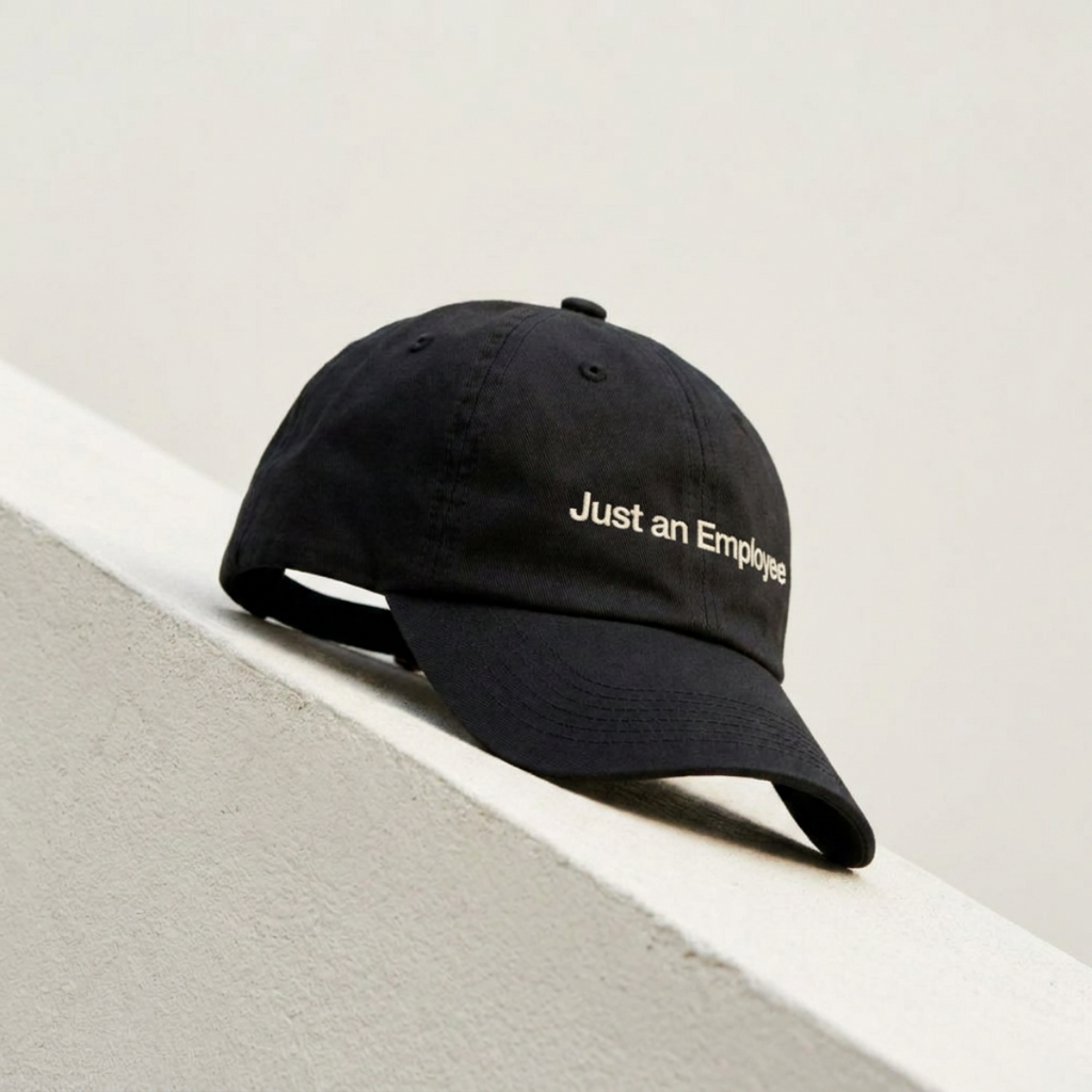 Just an Employee black cap resting on a cream concrete ledge in daylight