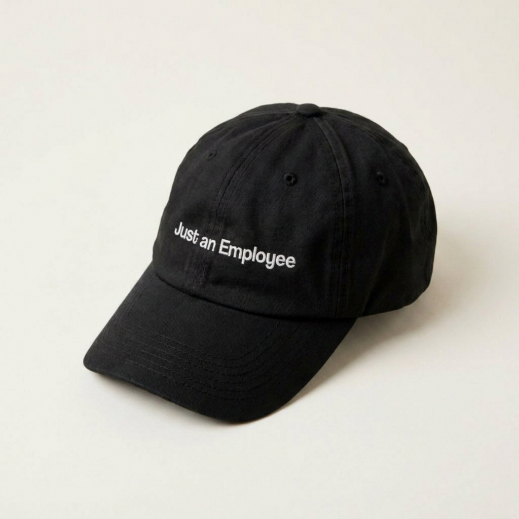 Just an Employee black cap at a three-quarter front angle against a cream backdrop