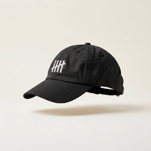 The HeadCount tally mark logo cap, black six-panel baseball cap in profile