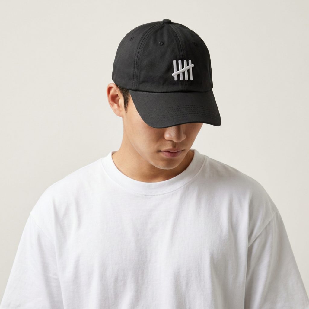Model in a white tee wearing The HeadCount tally mark logo cap, head tilted down