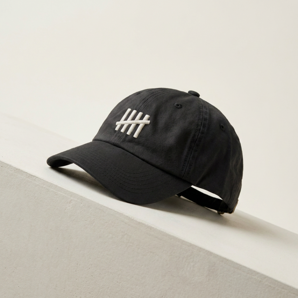 The HeadCount logo cap resting on a cream concrete ledge in daylight