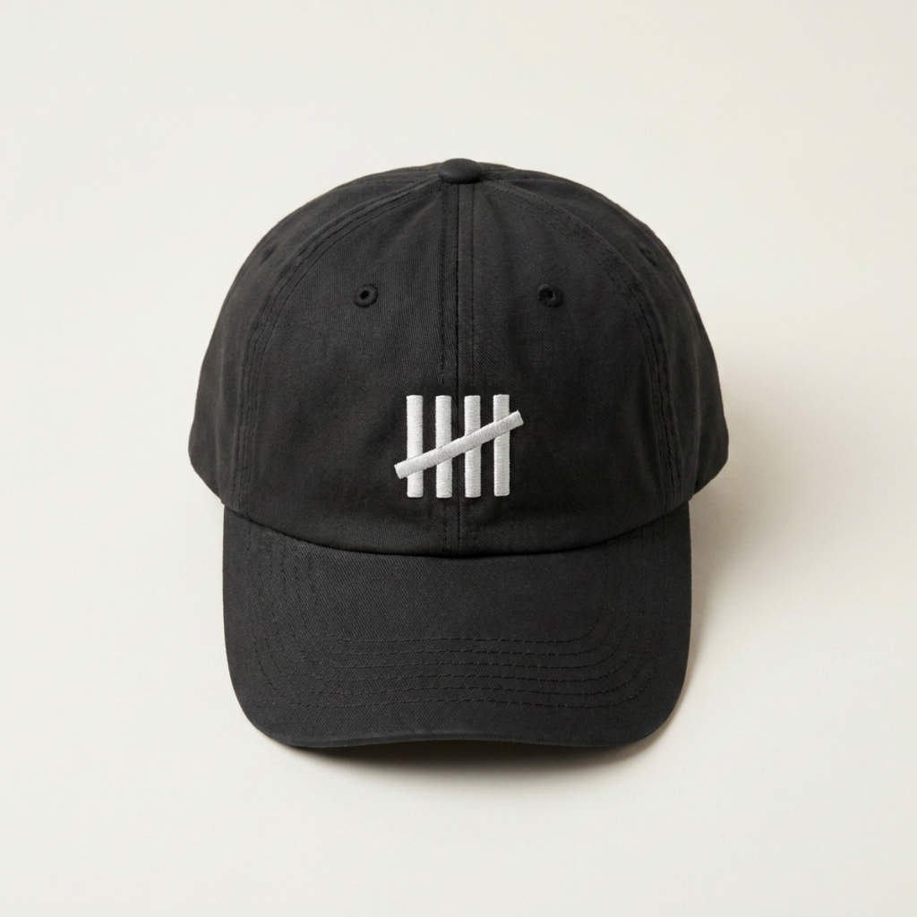 The HeadCount tally mark logo cap photographed front-on against a cream backdrop