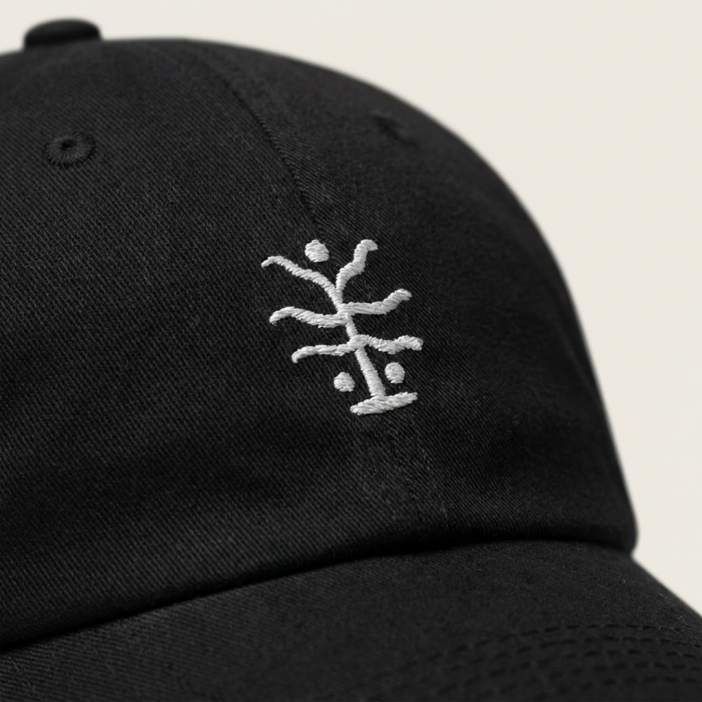 Close-up of the white seaweed embroidery stitched on washed black cotton