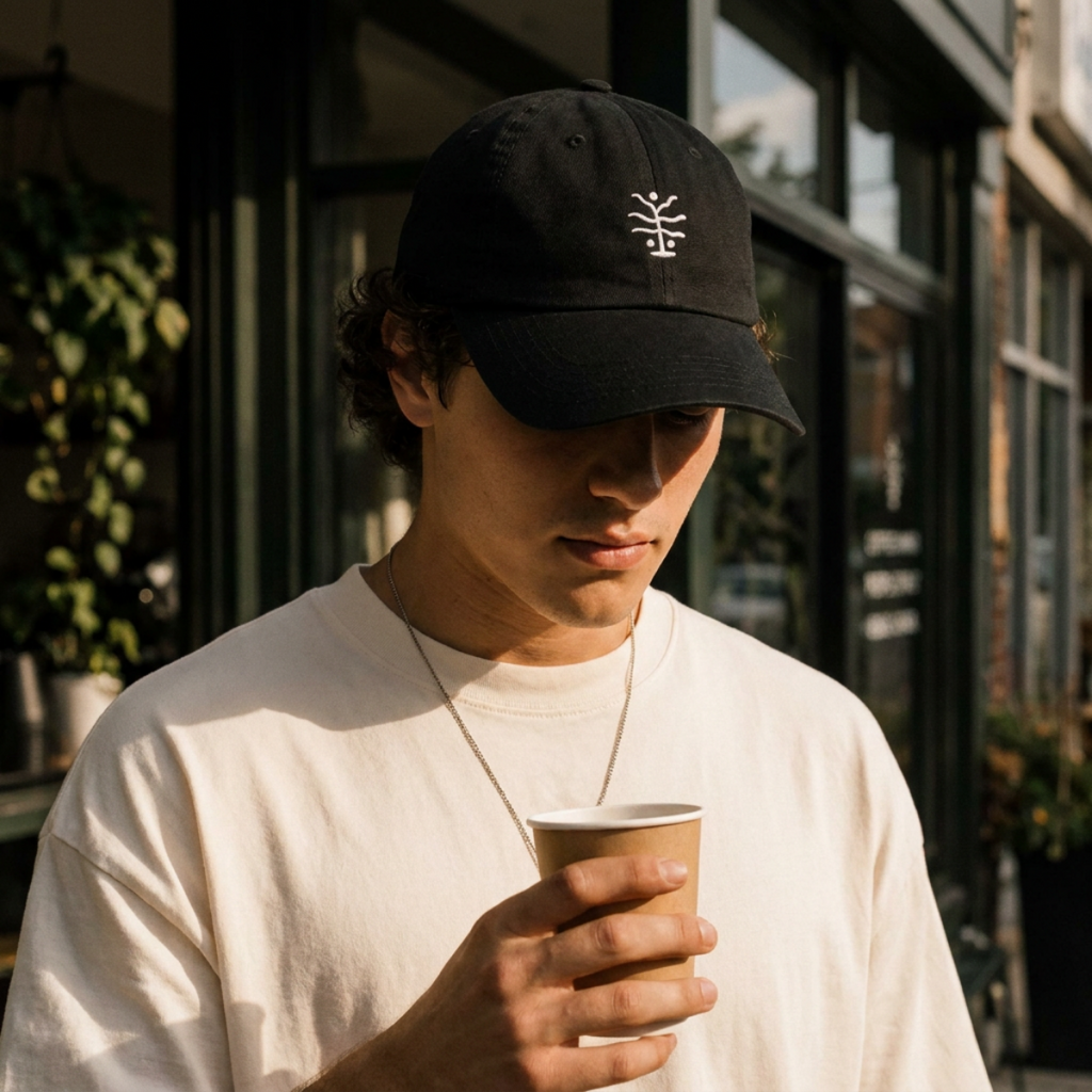 Man holding a coffee cup outside a shopfront while wearing the Seaweed Cap