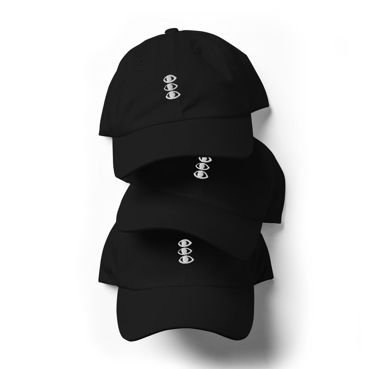 Three Third Eye embroidered black dad caps stacked front-on against a white background