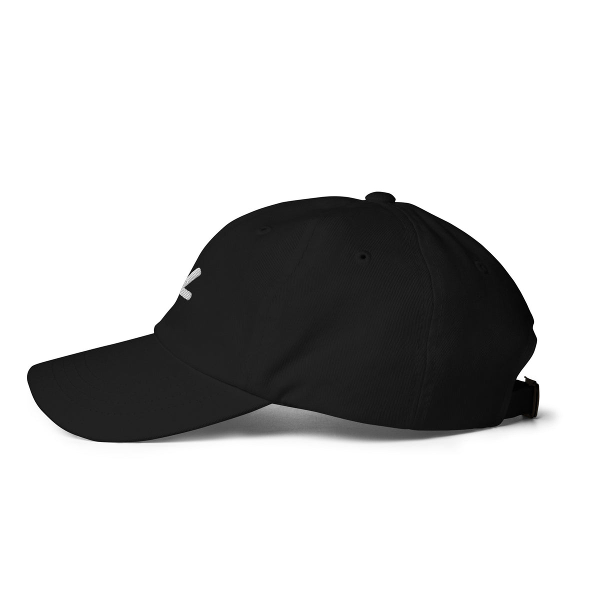 Palm Leaf embroidered black dad cap, left side view showing the curved brim