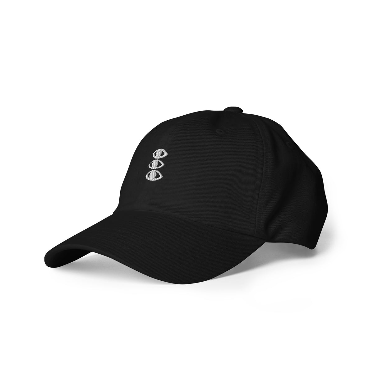 Third Eye embroidered black dad cap at a three-quarter front angle on white
