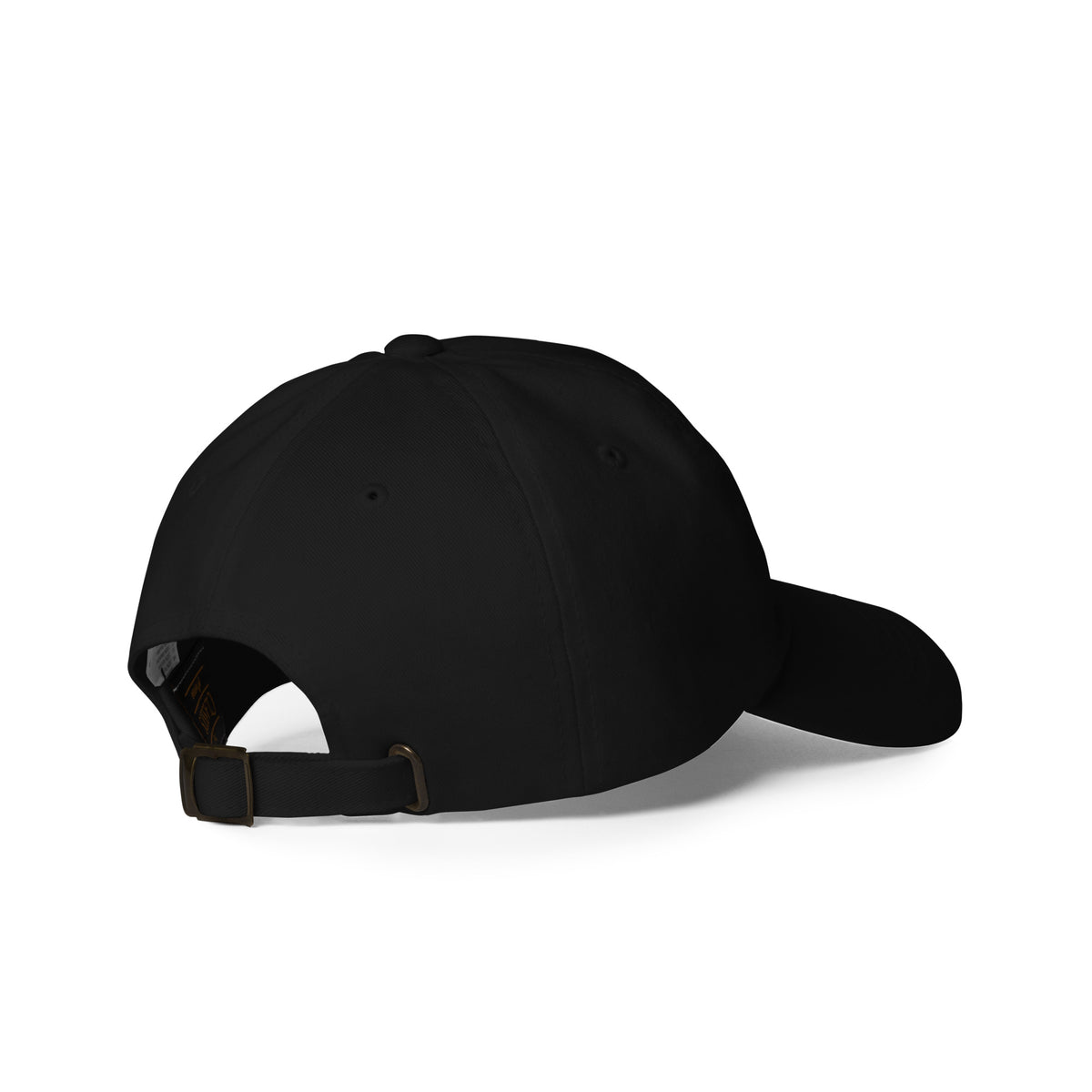 Palm Leaf black dad cap from the right rear, showing the adjustable buckle strap