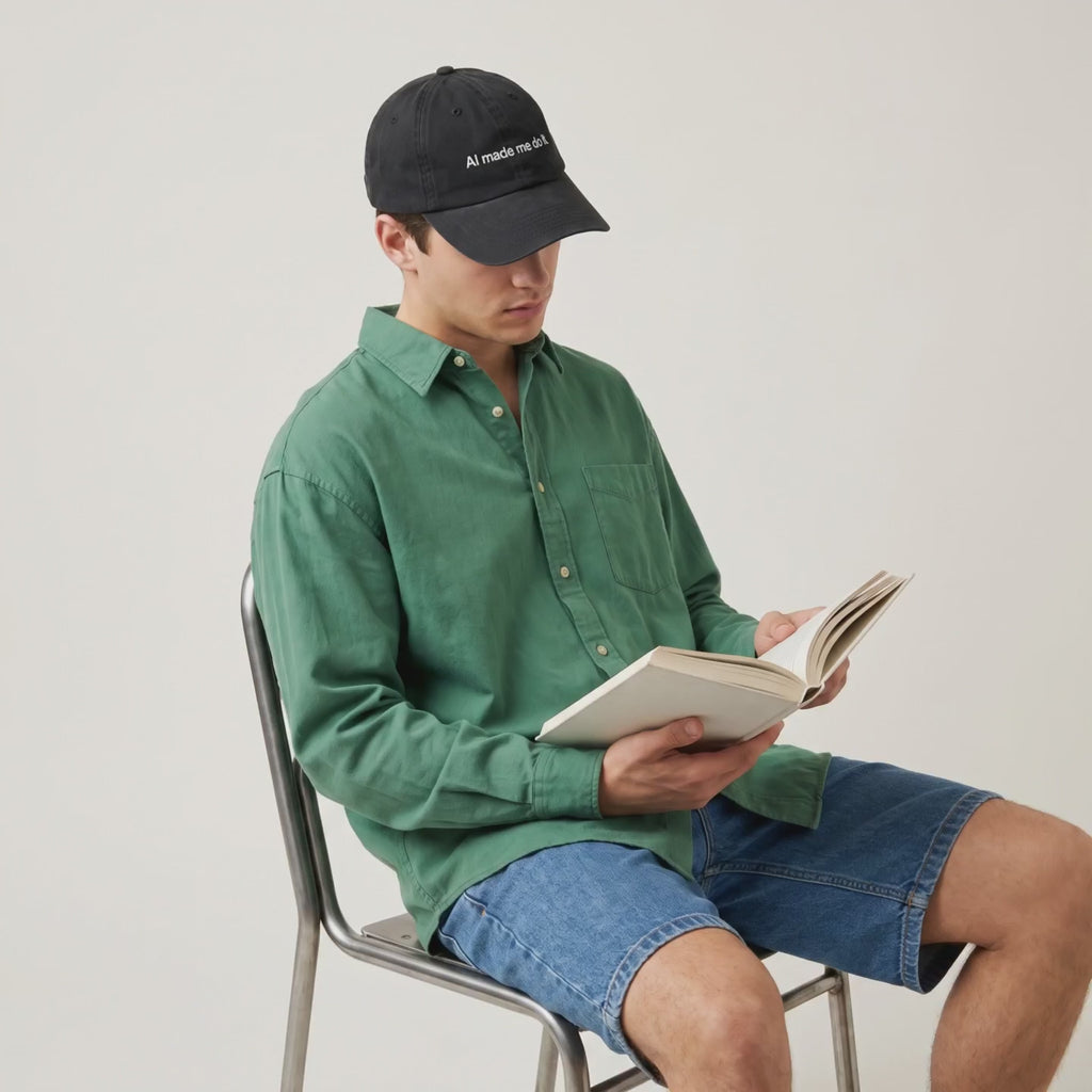 Video: man in a green shirt reading a book while wearing the AI Made Me Do It cap