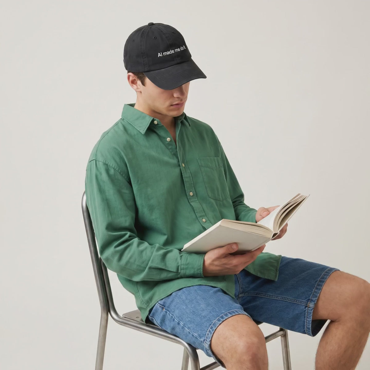 Video: man in a green shirt reading a book while wearing the AI Made Me Do It cap