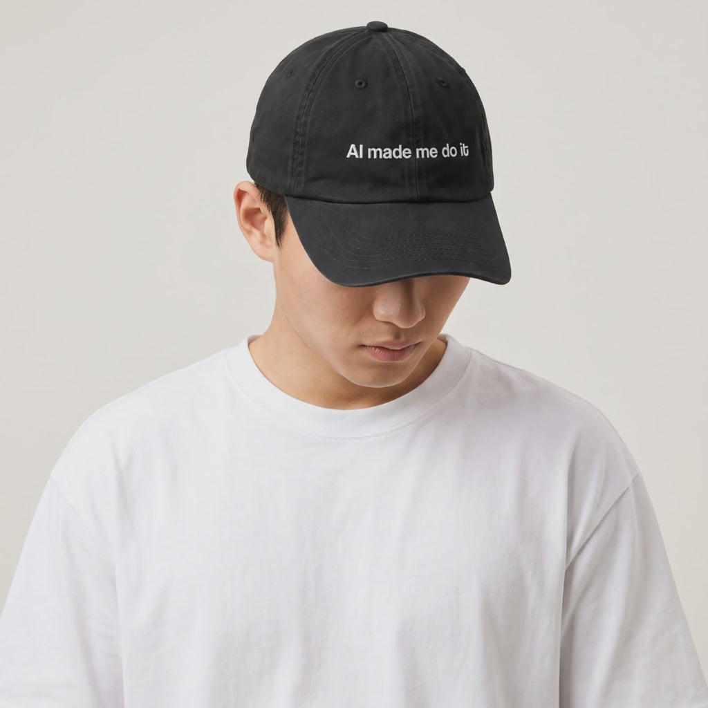 Video: close-up of the AI Made Me Do It cap, then a model in a white tee wearing it