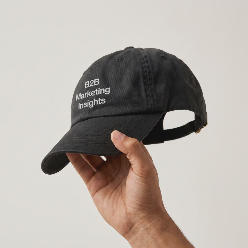 Video: hand holding up the B2B Marketing Insights black cap to show its side and strap
