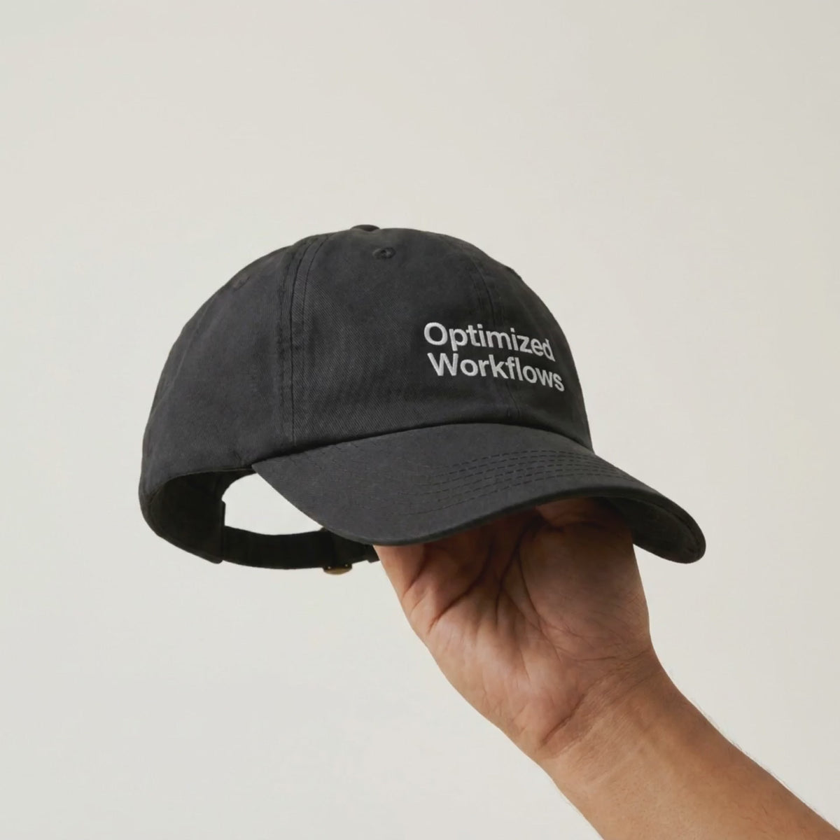 Video: the Optimized Workflows black cap turning slowly on a cream studio backdrop