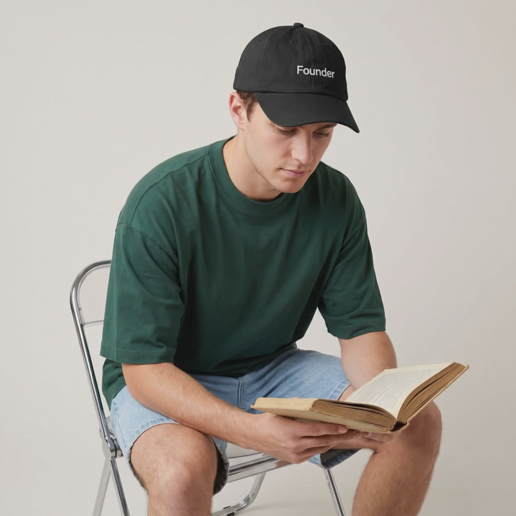 Video: man in a green tee reading a book while wearing the Founder cap