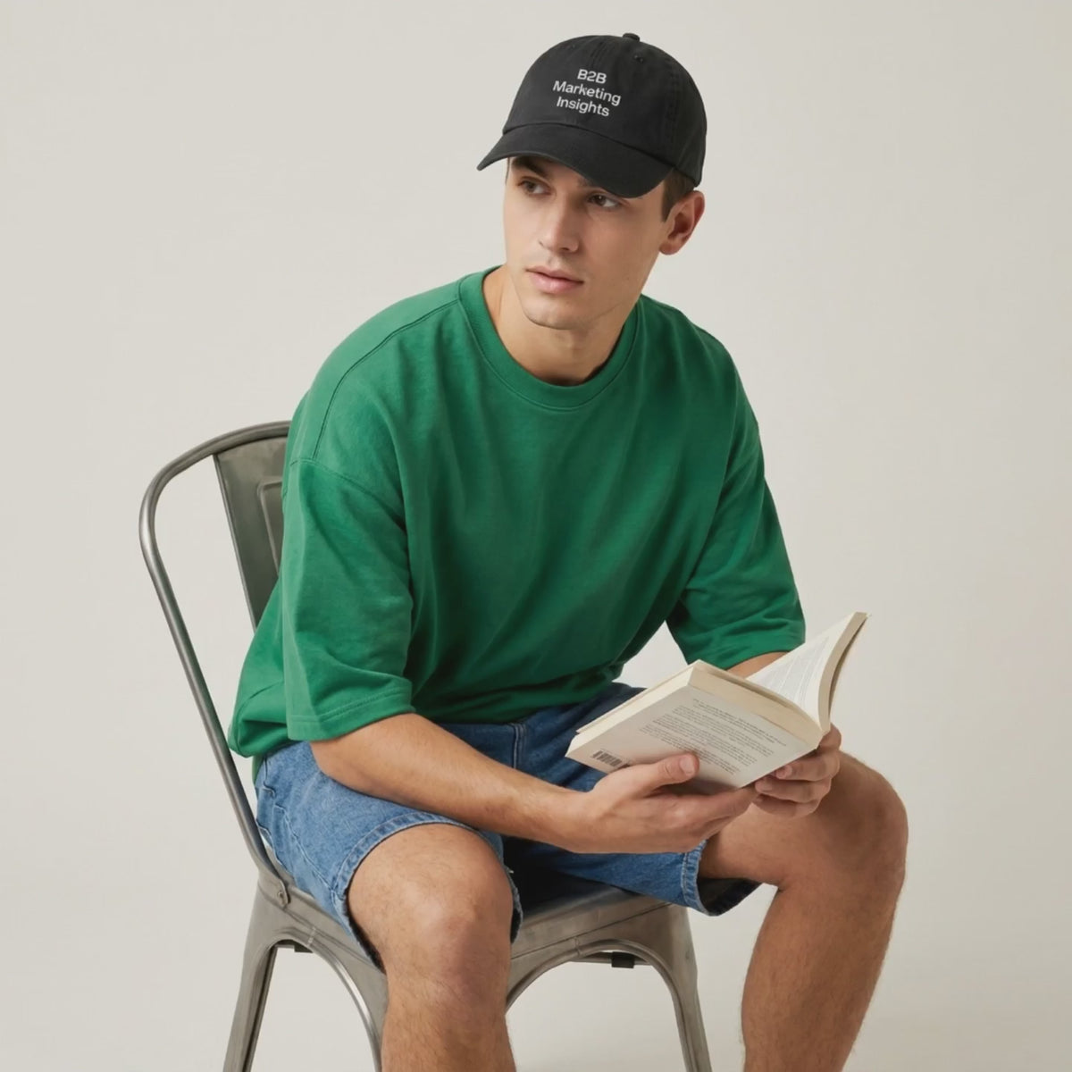 Video: man in a green tee reading a book while wearing the B2B Marketing Insights cap